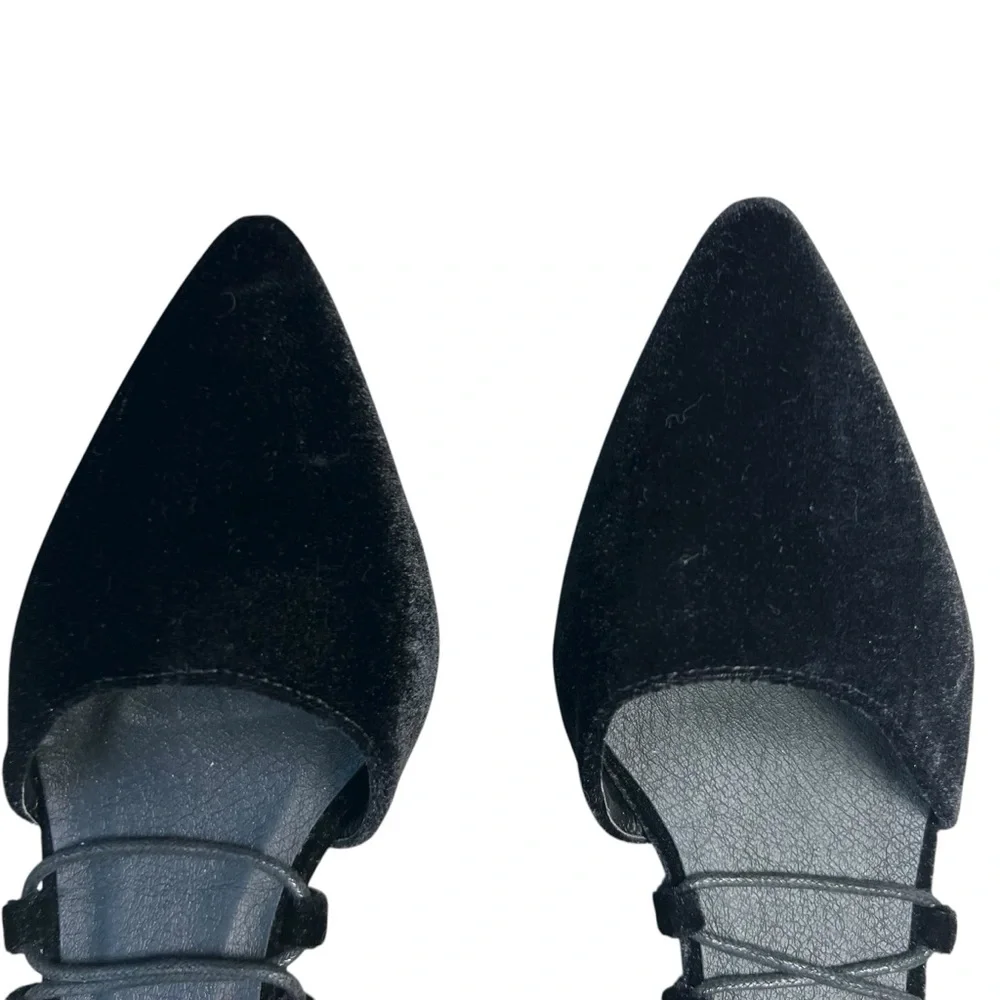Mi.iM Black Velvet Block Glitter Heel Strappy Lace Up Shoes Pointed Toe Size 8.5